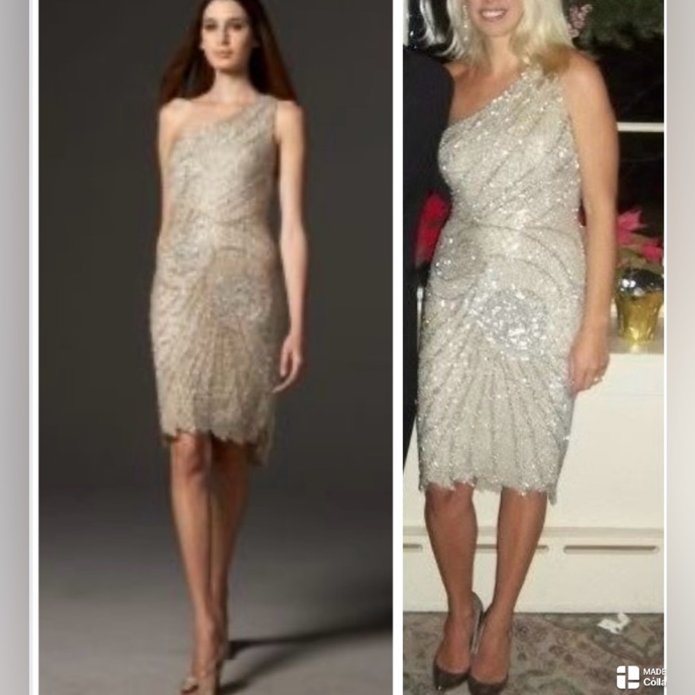 Rare Mandalay Gold and Platinum Sequin One Shoulder Dress